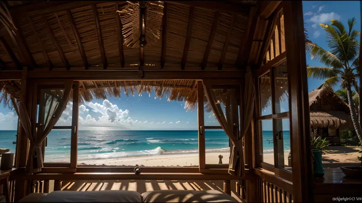 large nipa hut window looking out to the ocean with sands and wave 4K, cinematic lighting, depth of field, backlighting, Fujicolor, anatomically correct, 4K