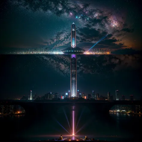 (nebulae hyper Nebula starry_sky Moonset epic moonrise spacious moonshine) In this futuristic image of a city at night，We were taken into a city full of technology and innovation。Tall skyscrapers glow with neon lights in the night sky，Forming a series of c...