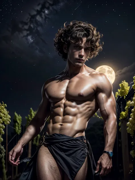 ((masterpiece)),((best quality)),8k, high detailed, ultra-detailed, Stylish Pose, real skin texture, dark lighting, 25 year-old Italian male model, barechested, shirtless, handsome italian, cute looking, divine look, powerful light green eyes, Bacchus god,...