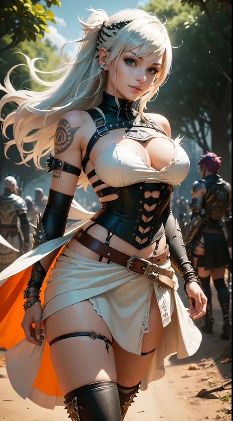 gwen tennyson,1girl,yorha 2b,mordred,tracer, overwatch,nier automata,close up,jungle battle view,tattoos,orange and white armor,white short sleeve tribal top,mayan jewelry,tight tribal skirt,harness corset,long curly hair,punk makeup,green eyes,multicolore...