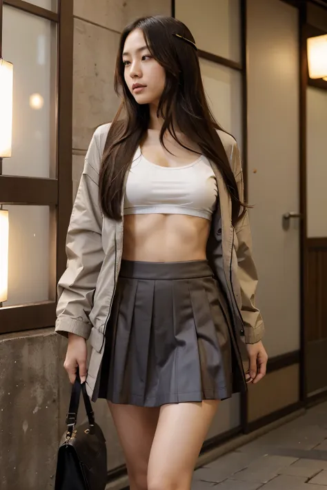 japanese girl, skirt, sexy, long hair, jacket, abs