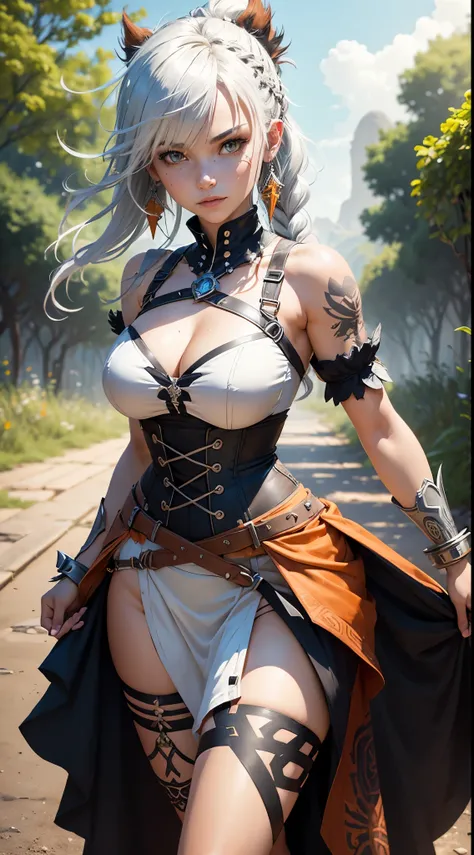 gwen tennyson,1girl,tracer,yorha 2b,mordred, yshtola rhul,overwatch,atelier ryza,close up, jungle battlefield,tattoos,orange and white armor,white short sleeve tribal top,mayan jewelry,long tribal skirt,harness corset,long curly hair,punk makeup,green eyes...