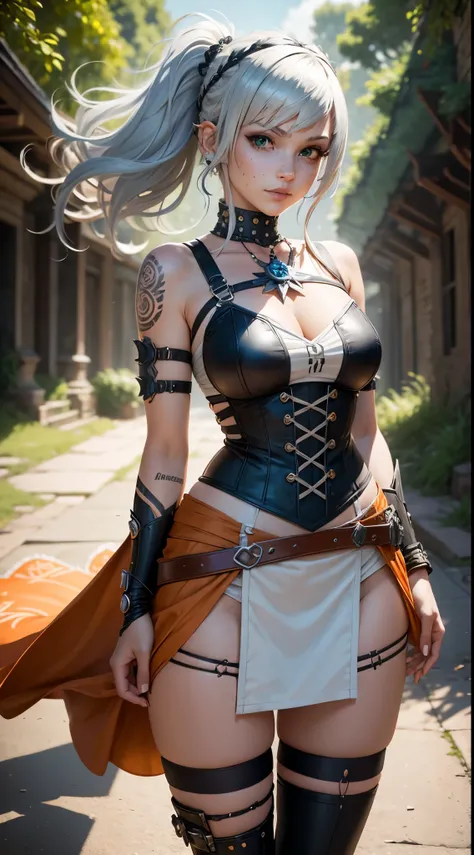 gwen tennyson,1girl,tracer,yorha 2b,mordred, yshtola rhul,overwatch,atelier ryza,close up, jungle battlefield,tattoos,orange and white armor,white short sleeve tribal top,mayan jewelry,long tribal skirt,harness corset,long curly hair,punk makeup,green eyes...