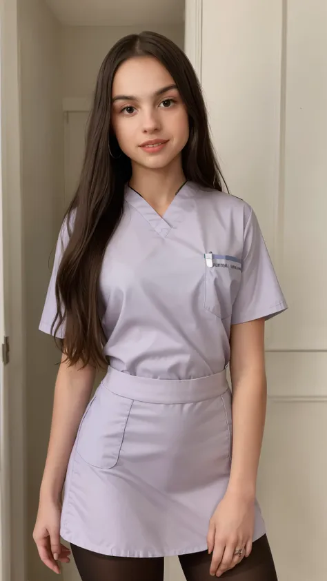 olivia rodrigo, 13 years old, long hair: 1.3, nurse uniform, tights, light skin, photorealistic