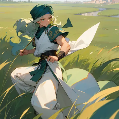 ((best quality)), ((masterpiece)), (detailed), perfect face, Perfect Generation , White Clothing, Martial Arts Clothing, Light Green Hair , Wavy Hair, Long Hair, White wrapped Turban , Blue Sachs Belt, Grassy Planes Background, 1male, Muscular, Golden Eyes