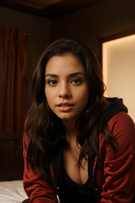 sexy latina with brown hair wearing a black hoodie in her red-lighted room, ultra realistic, extreme details, UHD