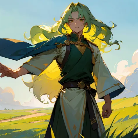 ((best quality)), ((masterpiece)), perfect face, Perfect Generation , Golden Eyes, White Martial Arts Clothing, Light Green Hair , Wavy Hair, Long Hair , Blue Sache Belt, Blue Grassy Planes Background, 1male, Muscular, Blue Grass , Green Sky 