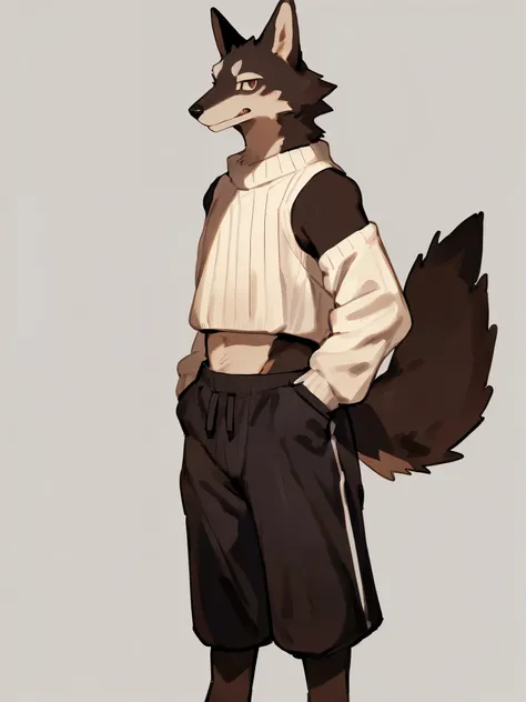 ((By Bebebebebe, by K0BIT0WANI, by Zackary911, detailed anatomy, detailed eyes, detailed body, detailed face, best quality, high resolution)), 1male, solo, Wolf, sweater crop top, shorts pants, dark brown furs, tail, skinny chub, dark brown eyes, young, in...