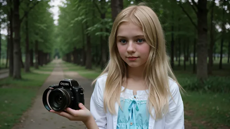 beautiful blonde hair of Russian child with a camera in his hand.,10 anos