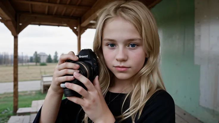 beautiful blonde hair of Russian child with a camera in his hand.,10 anos