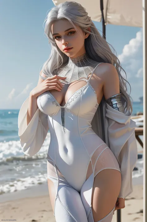 (Extreme Detail CG Unity 8K wallpaper, masterpiece, highest quality), (Exquisite lighting and shadow, highly dramatic picture, Cinematic lens effect), a beautiful girl in a white Spider-Man costume, white lingerie, silver gray hair color, long hair, from t...