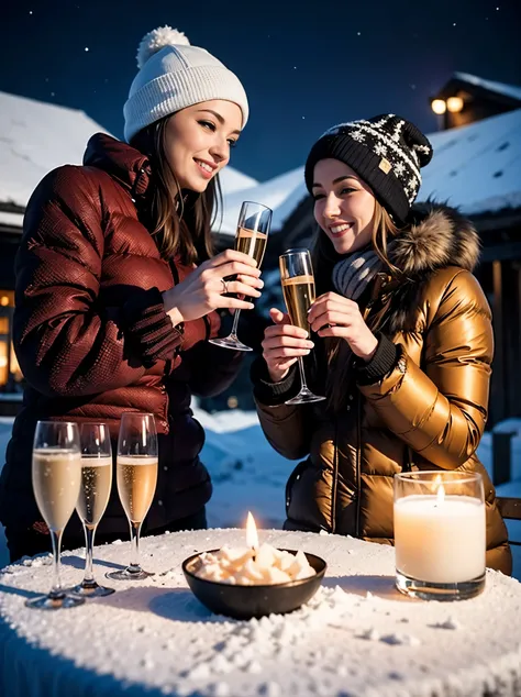 2 beautiful woman toasting with 2 glasses of champagne, outside, in winter night, northern lights, snowy village 