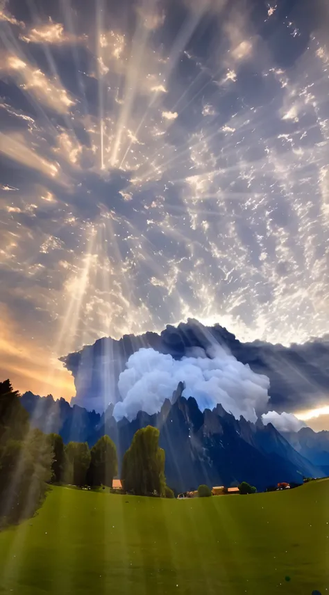 sunlight shining through clouds over a green field with a mountain in the background, epic clouds and godlike lighting, miraculous cloudy backdrop, breathtaking clouds, sun through majestic clouds, rays of god shining from above, surrounded in clouds and l...