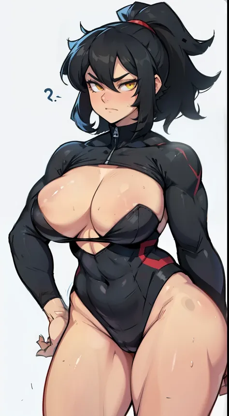 muscular girl thick breasts black hair yellow eyes pale skin best quality expressionless sad skintight