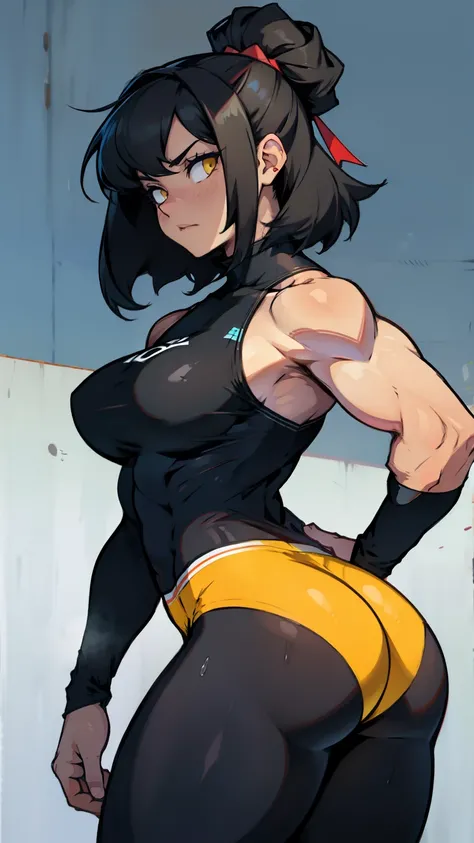 muscular girl thick breasts black hair yellow eyes pale skin best quality expressionless sad skintight skintight  