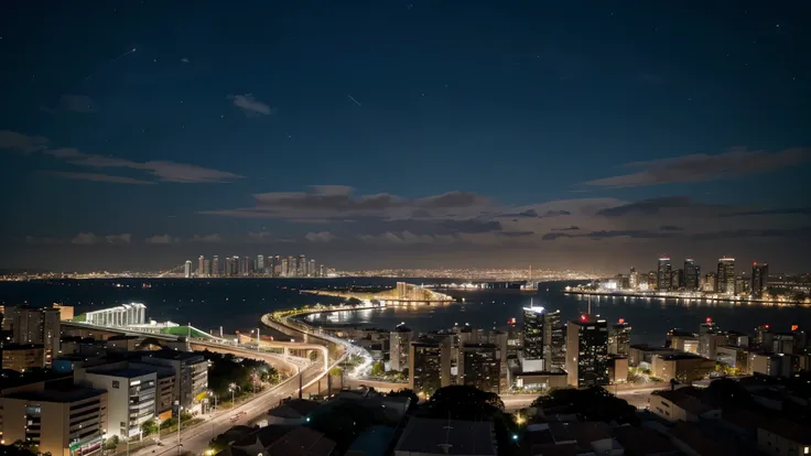 Horizonte da cidade de Nova Yoirk a noite, with boats on the water, horizonte mostrando, super wide view of a cityscape, horizonte da cidade ao fundo, largo - tiro, plano amplo, urbano em segundo plano, cidade ao fundo, ; plano amplo, plano super amplo, pl...