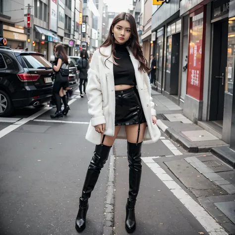 A woman in a white top and black boots stands on the street, Chinesisches weibliches Model, white fluffy clothes, kurzer Rock und lange Jacke, Japanese city street fashion, schwarz rosa Rosan Park, She wears streetwear, Japanese street fashion, Tokio-Mode,...