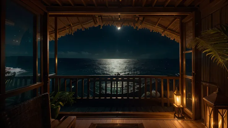 (best quality,4k,cinematic lighting,depth of field,backlighting:1.1),large nipa hut window looking out to the ocean with sands and waves, night view, full-moon, ultra-detailed, anatomically correct, Fujicolor, vibrant colors, realistic, soft light, tranqui...