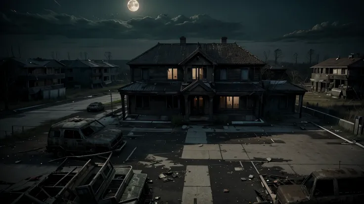 Resident Evil 1 style post-apocalyptic horror scenario, external plane top view, night time old abandoned houses.