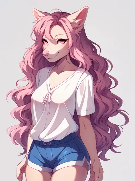 Solo:1.4, Athena, pink domestic dog, female, medium breasts, pink eyes, pink nose, pink wavy hair, pink dog ears, smiling softly, cute snout, white blouse, blue shorts, trendy style clothes, standing, posing playfully, by fumiko, by hyattlen, white backgro...