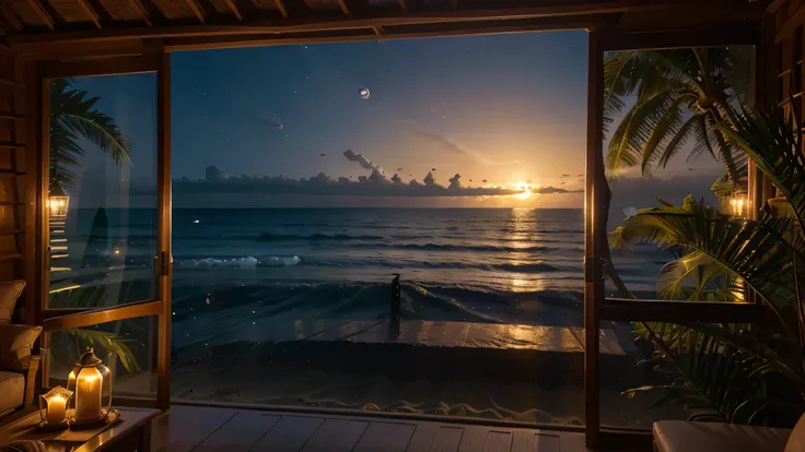 (best quality,4k,cinematic lighting,depth of field,backlighting:1.1),large nipa hut window looking out to the ocean with sands and waves, night view, full-moon, ultra-detailed, anatomically correct, Fujicolor, vibrant colors, realistic, soft light, tranqui...