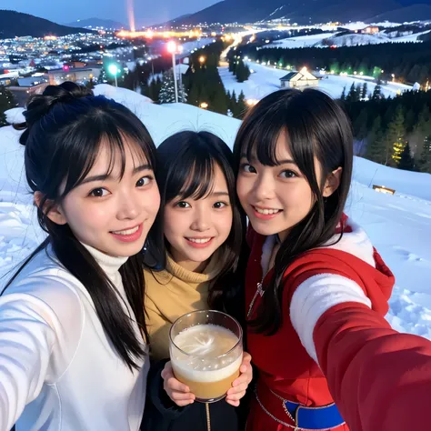 BEST-QUALITY, MASTERPIECE, ULTRA-HIGH-RESOLUTION, (PHOTOREALISTIC:1.4), RAW-PHOTO, ULTRA DETAILED, PERFECT-ANATOMYS, 

at midnight, 3girls, all teenagers, all the most popular Japanese idols, having a lot of fun at drinking-party in heavy-snowy-mountain, f...