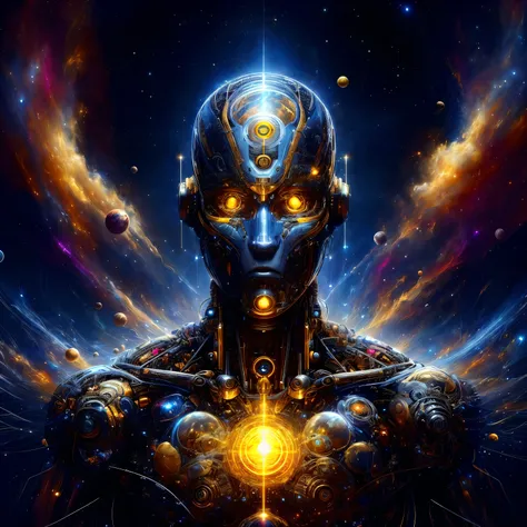 a close up of a robot with glowing eyes and a glowing ball, detailed cosmic angelic robot, ( ( god king of ai art ) ), artificial intelligence god, god king of ai art, cyborg goddess in cosmos, intricate transhuman, beautiful biomechanical djinn, 8 0s styl...