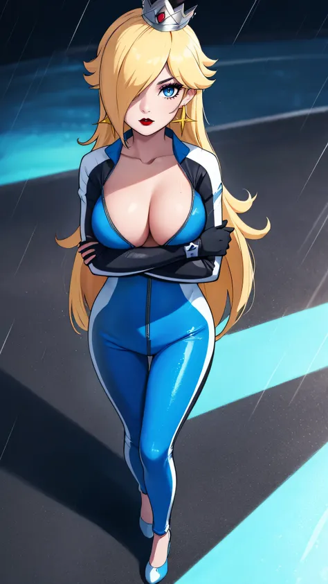 ((high detailed, best quality, 4k, masterpiece, hd:1.3)), BREAK rainy night, moonlight, landscape, its raining, raining, Rosalina standing posing under the rain, BREAK neon blue eyes, seductive, attractive, sexy smile, smiling, smooth anime cg art, 36C bre...