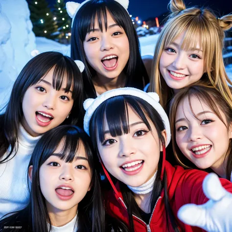 BEST-QUALITY, MASTERPIECE, ULTRA-HIGH-RESOLUTION, (PHOTOREALISTIC:1.4), RAW-PHOTO, ULTRA DETAILED, PERFECT-ANATOMYS, 

at midnight, 3girls, all the most popular Japanese idols, at drinking-party in heavy-snowy-mountain, from above, faces-focus, ((all compl...