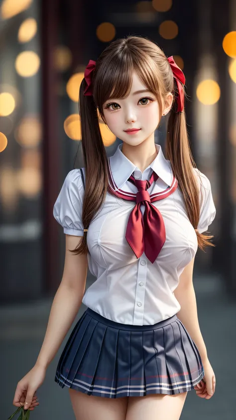 (2girls), ((best Quality)), (Ultra-detailed), (extremely detailed CG unified 8k wallpaper), Highly detailed, High-definition raw color photos, Professional Photography, (twintails), Amazing face and eyes, Pink eyes, (hi-school uniform, pleated mini skirt:1...