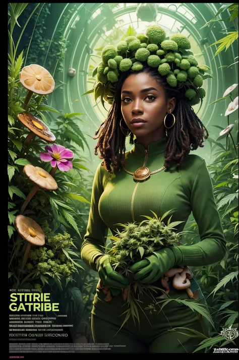 A gorgeous female gardener in a poster-style surrounded by cannabis plants and mushrooms, with a positive mood and high energy. The image is small and structured, with a redshift color scheme. The art style is influenced by Afrofuturism and has a cinematic...