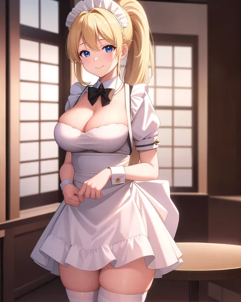 (best quality:1.5, highres, UHD, 4K, detailed lighting, shaders), blonde ponytail, sexy, large breasts, maid outfit, cleavage, standing, cafe background, smiling