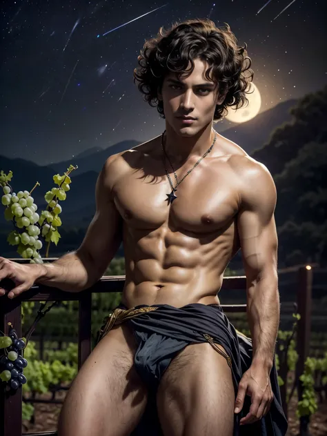 ((masterpiece)),((best quality)),8k, high detailed, ultra-detailed, Stylish Pose, real skin texture, dark lighting, 25 year-old Italian male model, barechested, shirtless, handsome italian, cute looking, divine look, powerful light green eyes, Bacchus god,...