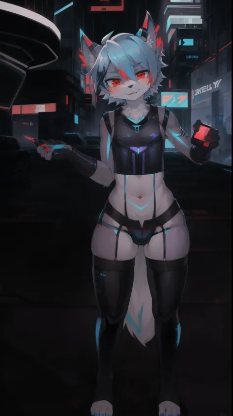 masterpiece, soft shading, perfect anatomy, perfect lighting, perfect focus, vibrant, solo, 1boy, Furry, furry wolf, anthropomorphic, male, silver fur, silver skin, red eyes, femboy, ((blue cyberpunk clothes)),  crop top, thong, shorts, sexy clothes, revea...