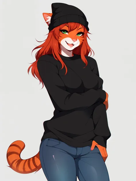 Solo:1.4, Sam, orange tabby cat, green eyes, orange cat ears, long crimson red hair, cute snout, pink nose, black long sleeve shirt, black beanie, ears coming through beanie, jeans, smiling, laughing, lips parted, trendy style clothes, standing, posing pla...