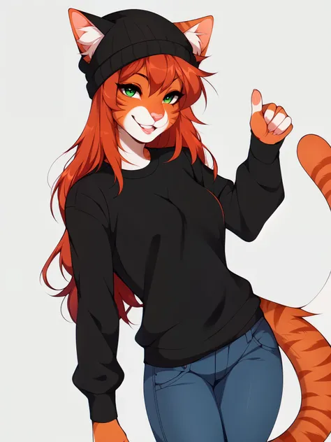 Solo:1.4, Sam, orange tabby cat, green eyes, orange cat ears, long crimson red hair, cute snout, pink nose, black long sleeve shirt, black beanie, ears coming through beanie, jeans, smiling, laughing, lips parted, trendy style clothes, standing, posing pla...