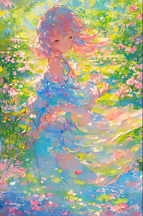 (a beautiful girl is strolling through a vibrant field filled with an array of colorful flowers, surrounded by lush foliage that...