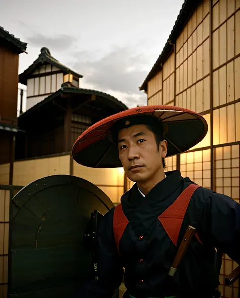 Feudal Japan in the background, cidade japonesa antiga, casas japonesas e um campo.