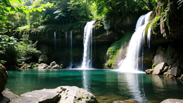 arafed waterfall with a small waterfall in the middle of a forest, waterfalls and lakes, lakes and waterfalls, floating waterfalls, stunning sight, rainbow river waterfall, with waterfalls, cascading iridescent waterfalls, natural landscape beauty, with tr...