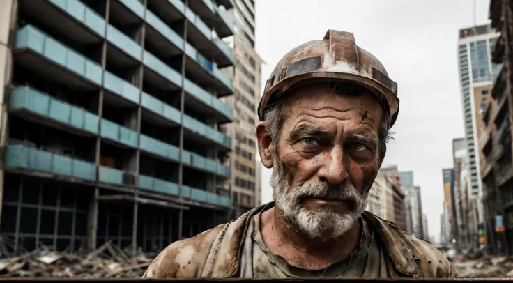 tired dirty construction worker looking ahead and behind him all falling buildings