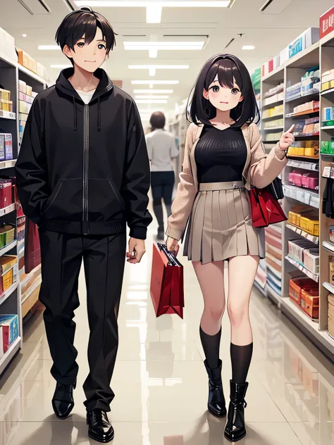 1,There are also male and female couples..
2,Two people enjoying shopping together.
3,Both are smiling and looking like they&#39;re having fun.
4,Women wear sexy knits and pleated miniskirts.、I&#39;m wearing long boots on my feet。.
5,The man is wearing nor...