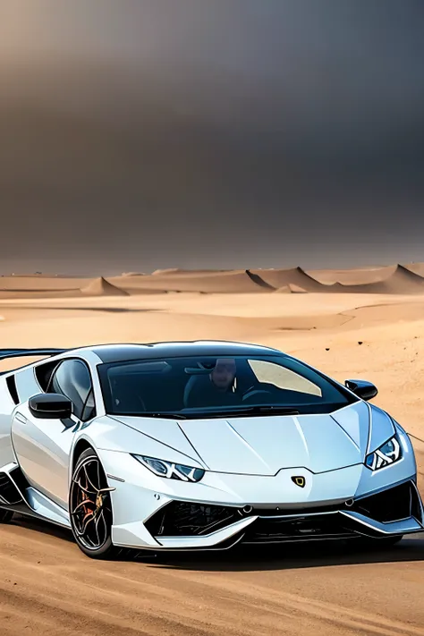 uma Lamborghini Huracan EVO correndo no deserto estilo mad max , with sand behind him with the sky full of thunder and lightning