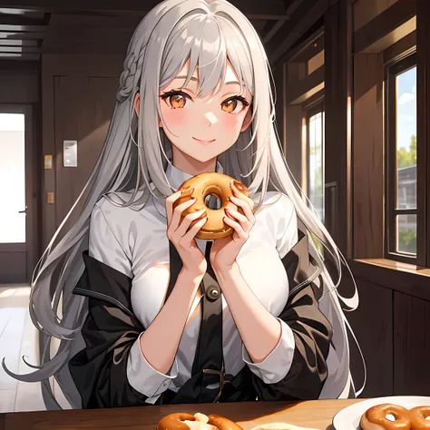 masterpiece, best quality, 1 girl, gray hair, orange eyes, indoors, eating a donut, breakfast, smile