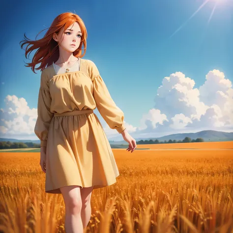 full body, portrait of cute redhead girl, standing on a wheat field, bloom, orange fog, motion, wispy hair, realism, high-quality rendering, stunning art, high quality, film grain, Fujifilm XT3, dreamy, acne, freckled, blemish, 85mm, nikkor, fuji provia, f...