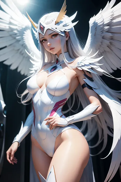 Angewomon is a Digimon Archangel with the appearance of a beautiful woman wearing a futuristic white suit 