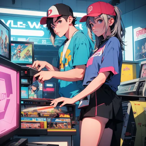 A transverse isometric arcade game, 80s video store, sonico, blockbuster, jogo dos anos 1980, nostalgic and cool showing a single machine