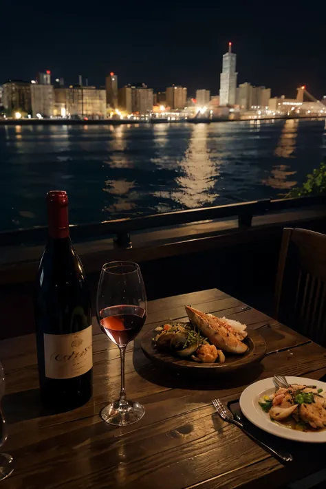 Restaurant table, beautiful city in the background, at night, sophisticated seafood, 1 bottle of wine with 2 glasses, tabletop photo