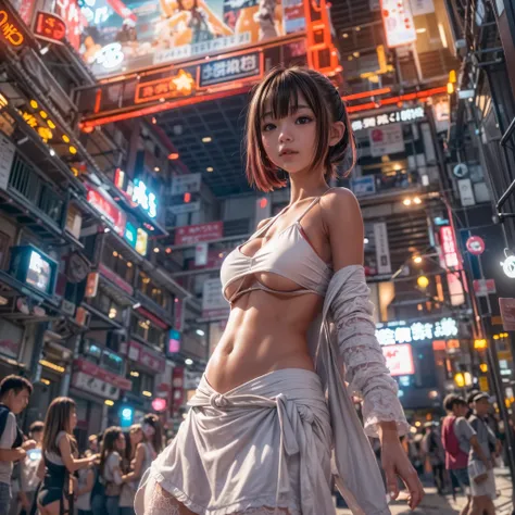 ((NSFW:-1)), (((nipple:-0.99))), ((Acutance:0.85)), (((from below)), The Sky takes up more than third of the composition ) . The background is the downtown area at (Twilight:1.4), (((Red-dyed clouds above hed:1.3))), { (many colorful Lights:1.2) | lens fla...