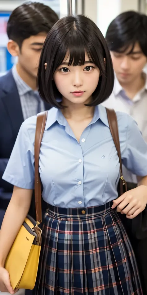 random pose、In a crowded train、japanese girl、17 year old girl、high school girl、uniform、shirt、Navy plaid pleated skirt、small breasts、perfect breasts、perfect skin、perfect body shape、bob hair、black hair、bangs whorl、surrounded by men