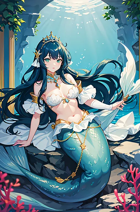 4K,High resolution,one woman,mermaid,dark blue hair,long hair,green eyes,big breasts,knight,armor made of shells,princess tiara,Jewelry Decoration,Pearl decoration,Long sword,underwater,Undersea Temple